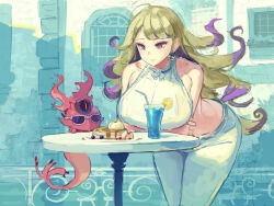 1girl adapted_costume blonde_hair blue_eyes blue_hawaii breasts creature crop_top diabellze_the_original_sinkeeper duel_monster familiar food heterochromia huge_breasts ice_cream kazo_(kazozakazo) leaning_forward mansion midriff pancake pants purple_eyes shirt snake-eyes_poplar sunglasses table third_eye white_pants white_shirt yu-gi-oh!