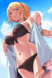 Rule 34 | 1girl, bikini, black bikini, blonde hair, blue eyes, blue jacket, blue sky, blush, braid, braided ponytail, breasts, cleavage, fate/grand order, fate (series), hairband, highres, hood, hooded jacket, jacket, jeanne d&#039;arc (fate), jeanne d&#039;arc (swimsuit archer) (fate), jeanne d&#039;arc (swimsuit archer) (first ascension) (fate), large breasts, long hair, long sleeves, looking at viewer, navel, off shoulder, open clothes, open jacket, sky, smile, solo, swimsuit, thighs, very long hair, wet, yoshimoto (carpsukidayo)