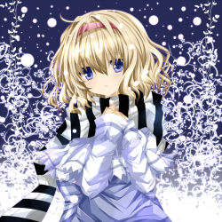 Rule 34 | 1girl, alice margatroid, bad id, bad pixiv id, blonde hair, blue eyes, female focus, hairband, nanase nao, scarf, solo, striped clothes, striped scarf, touhou
