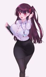 Rule 34 | 1girl, black pantyhose, black skirt, blush, bra visible through clothes, breasts, collared shirt, commentary request, eonsang, girls&#039; frontline, hair ribbon, half updo, highres, id card, large breasts, long hair, long sleeves, looking at viewer, office lady, open mouth, pantyhose, purple hair, red eyes, red ribbon, ribbon, shirt, shirt tucked in, simple background, skirt, solo, teeth, upper teeth only, very long hair, wa2000 (girls&#039; frontline), white background, white shirt
