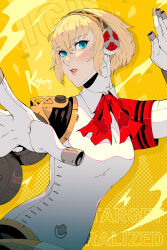 Rule 34 | 1girl, aegis (persona), android, armband, artist name, blonde hair, blue eyes, bow, bowtie, highres, koyorin, looking at viewer, parted lips, persona, persona 3, persona 3 reload, red bow, red bowtie, red lips, robot ears, short hair, smoke, solo, upper body, yellow background
