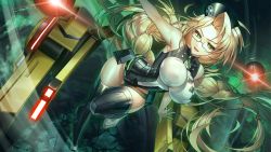 Rule 34 | 1girl, abdooly, action taimanin, armpits, bare shoulders, blonde hair, bouncing breasts, braid, braided ponytail, breasts, broken ground, drone, emily simmons, fighting, game cg, glasses, green eyes, hat, highres, impossible clothes, large breasts, leotard, lilith-soft, long hair, mole, mole under mouth, open mouth, red lightning, taimanin (series), thighhighs, very long hair