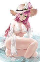 Rule 34 | 1girl, azur lane, bare shoulders, bikini, blush, breasts, cleavage, criss-cross halter, flower, flower hat, gluteal fold, green eyes, hair between eyes, halterneck, hat, highres, in water, large breasts, long hair, looking at viewer, mouth hold, pink flower, red hair, sitting, solo, straw hat, sun hat, surcouf (azur lane), surcouf (loisirs balneaires) (azur lane), swimsuit, thighs, twisted torso, very long hair, white bikini, white flower, yamiiv
