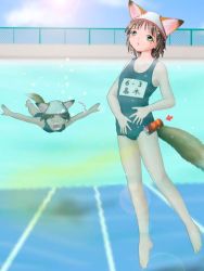 Rule 34 | 2girls, animal ears, arrow (symbol), brown hair, can, drink can, green eyes, multiple girls, o o, one-piece swimsuit, open mouth, peeing, peeing underwater, pool, prank, school swimsuit, soda can, surprised, swim cap, swimming, swimsuit, tagme, tail, underwater