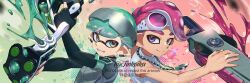 Rule 34 | 2boys, artist name, closed mouth, commentary request, commission, goggles, goggles on head, green eyes, green hair, gun, holding, holding gun, holding sword, holding weapon, inkling, inkling boy, inkling player character, jewelry, jinkoika, male focus, multiple boys, necklace, nintendo, octoling, octoling boy, octoling player character, paint, pink-tinted eyewear, pink hair, pointy ears, purple eyes, short hair, smile, splatana stamper (splatoon), splatoon (series), sword, tank top, teeth, tentacle hair, tetra dualies (splatoon), tinted eyewear, twitter username, upper body, weapon, white tank top