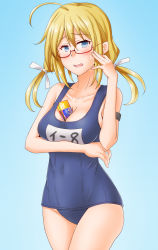 Rule 34 | 1girl, adjusting eyewear, anti (untea9), arm under breasts, arms under breasts, between breasts, blue background, blue eyes, blush, breast hold, breasts, cleavage, collarbone, embarrassed, glasses, hat, unworn hat, unworn headwear, highres, i-8 (kancolle), kantai collection, large breasts, looking at viewer, low twintails, name tag, one-piece swimsuit, peaked cap, sailor hat, school swimsuit, semi-rimless eyewear, simple background, solo, standing, sweatdrop, swimsuit, swimsuit under clothes, thighhighs, ticket, tri tails, twintails, under-rim eyewear, white thighhighs