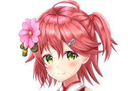 Rule 34 | 1girl, absurdres, ahoge, blush, cherry blossoms, closed mouth, flower, green eyes, hair between eyes, hair flower, hair ornament, hairclip, head only, highres, hololive, looking at viewer, medium hair, namekuji ojiichan, one side up, pink hair, portrait, sakura miko, sakura miko (old design), smile, solo, transparent background, virtual youtuber
