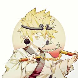 1boy aotu_world blonde_hair braid chinese_commentary chuanhua circlet closed_mouth colored_eyelashes commentary_request earrings frown godrose_(aotu_world) highres holding holding_nunchaku holding_weapon japanese_clothes jewelry kimono long_sleeves male_focus nunchaku pointy_ears single_braid solo spiked_hair upper_body weapon white_kimono yellow_eyes