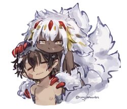 Rule 34 | 1boy, 1girl, :/, blonde hair, brown hair, claws, closed eyes, closed mouth, commentary request, cropped torso, dark-skinned female, dark skin, extra arms, facial mark, faputa, half-closed eyes, hand on another&#039;s head, kingjoshua, light blush, long hair, made in abyss, multiple tails, nipples, nude, pink pupils, regu (made in abyss), short hair, simple background, sketch, soap bubbles, tail, twitter username, very dark skin, watermark, wavy mouth, wet, white background, white fur, white hair, yellow eyes