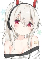 Rule 34 | 1girl, :&lt;, ayanami (azur lane), ayanami (niconico) (azur lane), azur lane, bandaid, bandaid on arm, bare shoulders, blush, breasts, closed mouth, collarbone, commentary request, floral background, hair between eyes, headgear, headphones, high ponytail, kani biimu, long hair, looking at viewer, off shoulder, ponytail, red eyes, shirt, sidelocks, silver hair, simple background, small breasts, solo, upper body, white background, white shirt