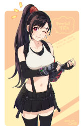 Rule 34 | 1girl, adjusting clothes, adjusting gloves, alternate hairstyle, black gloves, black hair, black skirt, black thighhighs, bracer, breasts, collarbone, crop top, dangle earrings, dated, earrings, final fantasy, final fantasy vii, final fantasy vii remake, fingerless gloves, gloves, high ponytail, jewelry, large breasts, long hair, materia, midriff, miniskirt, navel, ohse, one eye closed, red eyes, red scrunchie, scrunchie, single earring, skirt, solo, stomach, suspender skirt, suspenders, tank top, thighhighs, thighs, tifa lockhart, white tank top, zettai ryouiki