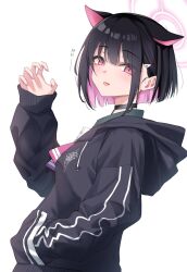 Rule 34 | 1girl, :d, animal ears, black choker, black hair, black hoodie, blue archive, blunt bangs, blunt ends, blush, bob cut, cat ears, choker, claw pose, colored inner hair, commentary request, extra ears, eyes visible through hair, fingernails, from side, hair behind ear, hair ornament, hairclip, halo, hand in pocket, hand up, happy, highres, hood, hood down, hoodie, kazusa (blue archive), looking at viewer, multicolored hair, open mouth, pink eyes, pink hair, pink halo, short hair, sleeves past wrists, slit pupils, smile, solo, sun, translated, tsurime, upper body, white background, yamichi (yamichi8369)