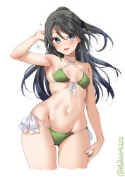 Rule 34 | 1girl, bikini, black hair, blue eyes, breasts, collarbone, cropped legs, ebifurya, floating hair, gluteal fold, green bikini, groin, hair between eyes, hand on own thigh, highres, kantai collection, katsuragi (kancolle), long hair, looking at viewer, navel, one-hour drawing challenge, open mouth, simple background, small breasts, smile, solo, sparkle, swimsuit, thighs, twitter username, white background, wide hips