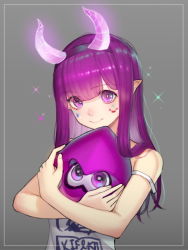 Rule 34 | 1girl, bare shoulders, black hairband, blunt bangs, blush, bright pupils, closed mouth, clothes writing, colored eyelashes, commentary, facial mark, fake horns, glowing, grey background, hairband, holding, horns, inkling, inkling player character, long hair, looking at viewer, nintendo, pointy ears, purple eyes, purple hair, simple background, smile, solo, sparkle, splatoon (series), splatoon 2, straight hair, strap slip, stuffed toy, tank top, ten cws, upper body