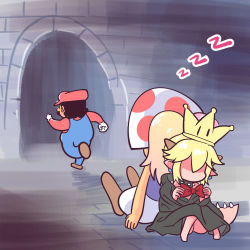 Rule 34 | 1girl, 1koma, 2boys, absurdres, black dress, blonde hair, blue overalls, bound, bowsette, comic, commentary, dress, gimme2000, hat, hiding, hiding behind another, highres, long hair, mario, mario (series), meitantei conan, multiple boys, new super mario bros. u deluxe, nintendo, overalls, parody, ponytail, red hat, red shirt, shaded face, shirt, super crown, tied up, toad (mario)