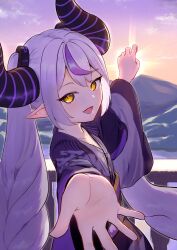 Rule 34 | 1girl, absurdres, character print, demon horns, grey hair, highres, hololive, horns, japanese clothes, kimono, la+ darknesss, la+ darknesss (new year), lerk puzz, long hair, multicolored hair, official alternate costume, open mouth, outstretched hand, purple hair, purple kimono, self character print, smile, streaked hair, twintails, very long hair, virtual youtuber, water, yellow eyes
