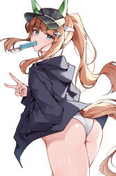 Rule 34 | 1girl, absurdres, alternate hairstyle, animal ears, aqua eyes, ass, black jacket, blue eyes, blunt bangs, blush, clothing cutout, commentary request, ear covers, food in mouth, highres, hood, hood down, hooded jacket, horse ears, horse girl, horse tail, jacket, long sleeves, looking at viewer, misoni (mi so ni t), mouth hold, orange hair, ponytail, popsicle, popsicle in mouth, sidelocks, silence suzuka (umamusume), solo, sweat, swimsuit, swimsuit under clothes, tail, tail through clothes, thick thighs, thighs, twisted torso, umamusume, very sweaty