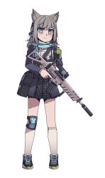 Rule 34 | 1girl, animal ear fluff, animal ears, assault rifle, blue archive, blue eyes, blue jacket, blue scarf, blush, bulletproof vest, closed mouth, commentary request, cross hair ornament, expressionless, extra ears, full body, grey hair, gun, hair ornament, headset, highres, holding, holding gun, holding weapon, jacket, karepack, knee pads, kneehighs, long sleeves, looking at viewer, md5 mismatch, medium hair, mismatched pupils, no halo, plaid, plaid skirt, pleated skirt, resolution mismatch, rifle, scarf, school uniform, shiroko (blue archive), shoes, sig sauer 556, single knee pad, skirt, socks, solo, source larger, standing, striped clothes, striped scarf, transparent background, weapon, white socks, wolf ears