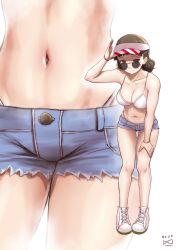 Rule 34 | 1girl, alternate costume, bikini, blunt bangs, boots, breasts, brown eyes, brown hair, casual, cleavage, commentary, commission, cutoffs, denim, denim shorts, english commentary, finalcake, full body, hand on own thigh, highleg, highleg bikini, highleg swimsuit, kantai collection, large breasts, looking at viewer, looking over eyewear, looking over glasses, navel, roma (kancolle), shorts, simple background, solo, standing, sunglasses, swimsuit, tinted eyewear, visor cap, wavy hair, white background, white bikini, white footwear, zoom layer