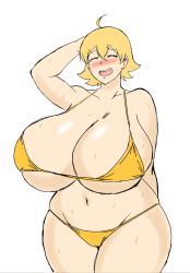 Rule 34 | 1girl, ahoge, arm up, bikini, blonde hair, blush, breasts, cleavage, curvy, closed eyes, gigantic breasts, highres, huge breasts, open mouth, short hair, smile, solo, sweat, swimsuit, wide hips