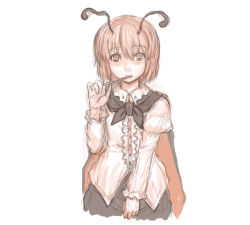 Rule 34 | 1girl, antennae, blush, cape, food, highres, juliet sleeves, kuro suto sukii, long sleeves, looking at viewer, pocky, puffy sleeves, shirt, simple background, sketch, solo, touhou, upper body, white background, wriggle nightbug