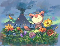 Rule 34 | :3, closed mouth, cloud, commentary request, creatures (company), closed eyes, flower, game freak, gen 3 pokemon, nintendo, no humans, orange flower, outdoors, petals, pokemon, pokemon (creature), sen pic, silhouette, skitty, sky, smile, solo, volcano, yellow flower