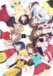 Rule 34 | 6+girls, arm over shoulder, armpits, bad id, bad twitter id, black hair, black legwear, black vest, black wristband, blonde hair, blue eyes, blue hair, blush, breasts, brown eyes, coat, creatures (company), crotch, dawn (pokemon), double bun, everyone, facing viewer, fingers together, floral print, game freak, green (pokemon), green eyes, green shorts, grey eyes, hair bun, hand on back, hilda (pokemon), holding hands, interlocked fingers, kris (pokemon), locked arms, long hair, long sleeves, looking at viewer, lying, may (pokemon), mokorei, multiple girls, nintendo, on back, open mouth, pantyhose, pleated skirt, pokemon, pokemon adventures, ponytail, red coat, red skirt, rosa (pokemon), scarf, selene (pokemon), serena (pokemon), shirt, short hair, shorts, simple background, skirt, smile, tied shirt, twintails, vest, white background, yellow (pokemon), yellow shorts, yuri