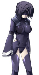 Rule 34 | 1girl, black hair, covered erect nipples, covered navel, expressionless, gloves, hunched over, impossible clothes, katami shinta, original, pale skin, short hair, skin tight, solo, thighhighs, visor, wide sleeves