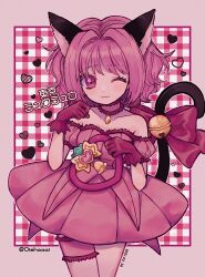 Rule 34 | 1girl, :3, animal ears, bare shoulders, bell, blush, bow, cat ears, cat tail, choker, detached sleeves, dress, gloves, heart, highres, jingle bell, looking at viewer, magical girl, mew ichigo, narumame, one eye closed, pink choker, pink eyes, pink hair, puffy sleeves, red gloves, short hair, smile, solo, tail, tail bell, tail bow, tail ornament, tokyo mew mew