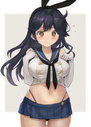 Rule 34 | 1girl, ahoge, animal ears, bare shoulders, black hair, black hairband, black neckerchief, black panties, blue sailor collar, blue skirt, blush, border, breasts, brown eyes, buttons, cleavage, commentary request, commission, cosplay, cowboy shot, crop top, double-breasted, elbow gloves, facing viewer, fake animal ears, flying sweatdrops, frown, gloves, gluteal fold, grey background, hairband, highleg, highleg panties, kantai collection, large breasts, long hair, looking down, microskirt, midriff, miniskirt, navel, neckerchief, nervous, outside border, panties, rabbit ears, sailor collar, shimakaze (kancolle), shimakaze (kancolle) (cosplay), simple background, skeb commission, skirt, solo, sweat, taut clothes, thigh gap, thighs, thong, toka (marchlizard), underwear, ushio (kancolle), wavy mouth, whale tail (clothing), white background, white gloves
