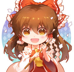 Rule 34 | 1girl, ascot, blush, bow, brown eyes, brown hair, chibi, detached sleeves, frilled bow, frilled hair tubes, frilled shirt collar, frills, gohei, hair between eyes, hair bow, hair tubes, hakurei reimu, happy, jokanhiyou, light particles, long hair, looking at viewer, open mouth, outline, patterned background, red bow, red shirt, red skirt, ribbon-trimmed sleeves, ribbon trim, rope, shimenawa, shirt, skirt, smile, solo, touhou, upper body, white background, wide sleeves, yellow ascot