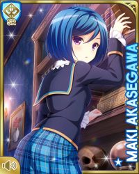 Rule 34 | 1girl, :o, akasegawa maki, ass, blue bow, blue hair, blue jacket, blue skirt, book, bookshelf, bow, card, character name, collar, from behind, girlfriend (kari), holding, indoors, jacket, jewelry, looking at viewer, necklace, official art, open mouth, plaid, plaid skirt, purple eyes, qp:flapper, school uniform, short hair, skirt, skull, sweater, table, tagme