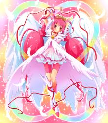 Rule 34 | 10s, 1girl, angel wings, arms up, bike shorts, bike shorts under skirt, boots, bow, brooch, choker, cure happy, cure happy (princess form), dress, feathers, full body, highres, hoshizora miyuki, jewelry, knee boots, kuune rin, long hair, magical girl, pink bow, pink dress, pink eyes, pink hair, pink shorts, pink skirt, pink theme, precure, shorts, shorts under skirt, skirt, smile, smile precure!, solo, tiara, twintails, ultra cure happy, wings, wrist cuffs