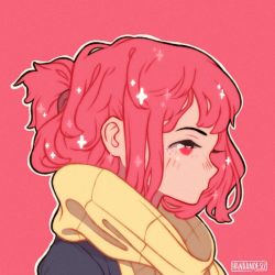Rule 34 | 1girl, artist name, hanaan, long hair, original, outline, pink background, pink eyes, pink hair, portrait, profile, scarf, solo, sparkle, white outline