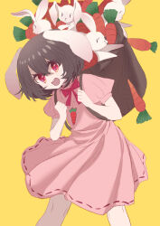 Rule 34 | 1girl, absurdres, animal ears, backpack, bag, brown bag, brown hair, carrot, carrot necklace, dress, feet out of frame, hair between eyes, highres, inaba tewi, jewelry, lop rabbit ears, medium hair, necklace, open mouth, pink dress, puffy short sleeves, puffy sleeves, rabbit, rabbit ears, rabbit girl, red eyes, shocho (shaojiujiu), short sleeves, simple background, solo, teeth, touhou, upper teeth only, yellow background