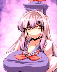 Rule 34 | 1girl, :&lt;, blush, bow, breasts, cleavage, collarbone, covered erect nipples, female focus, hair between eyes, hat, huge breasts, kamishirasawa keine, long hair, looking at viewer, puffy sleeves, purple hair, red eyes, shirt, solo, taut clothes, taut shirt, touhou, tro, upper body, v-neck