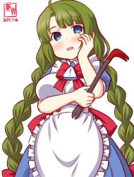 Rule 34 | !, ahoge, alternate hairstyle, apron, artist logo, blue dress, blue eyes, blush, breasts, brooch, commentary request, cosplay, cowboy shot, crowbar, dated, dress, frilled apron, frills, green hair, hand on own face, holding, holding crowbar, jewelry, kanon (kurogane knights), kantai collection, large breasts, long hair, looking at viewer, maid, me-tan, me-tan (cosplay), mole, mole under mouth, one-hour drawing challenge, os-tan, simple background, twintails, very long hair, white apron, white background, yuugumo (kancolle)