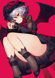 Rule 34 | 1girl, alternate costume, animal print, bare legs, bat wings, belt, black dress, black footwear, black hat, bow, bowtie, butterfly print, child, closed mouth, dress, fishnets, floral print, hands up, hat, hat bow, high heels, highres, key, kitada mo, light purple hair, looking at viewer, panties, pantyshot, red background, red bow, red bowtie, red eyes, red panties, remilia scarlet, shoes, short hair, simple background, smile, solo, touhou, underwear, wings