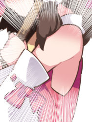 Rule 34 | 1girl, armpits, bare shoulders, blush, bow, broom, brown hair, commentary request, detached sleeves, emphasis lines, hair bow, hair tubes, hakurei reimu, hammer (sunset beach), head out of frame, no bra, solo, touhou, upper body