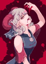 Rule 34 | 1girl, blood, blood from mouth, blood on hands, blood splatter, blue dress, curly hair, detached sleeves, dress, highres, horn ornament, horn ribbon, horns, nukekip, pointy ears, red eyes, red horns, red sleeves, ribbon, sheep horns, short hair, teeth, touhou, toutetsu yuuma, white hair