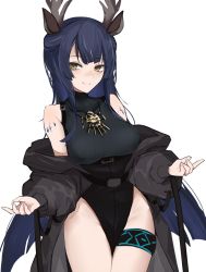 Rule 34 | 1girl, animal ears, antlers, arknights, bare shoulders, black hair, black shirt, black skirt, breasts, brown coat, brown eyes, closed mouth, coat, covered collarbone, cow, deer antlers, deer ears, deer girl, high-waist skirt, highres, horns, infection monitor (arknights), jewelry, kitorakito, large breasts, long hair, long sleeves, looking at viewer, material growth, necklace, off shoulder, open clothes, open coat, oripathy lesion (arknights), pelvic curtain, shirt, simple background, skirt, smile, solo, thighlet, tsukinogi (arknights), underbust, very long hair, white background