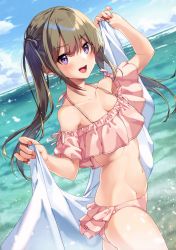 Rule 34 | 1girl, :d, absurdres, bikini, blue sky, blush, breasts, brown hair, cleavage, cloud, collarbone, day, fang, frilled bikini, frills, highres, holding, holding veil, horizon, long hair, looking at viewer, navel, non-web source, ocean, open mouth, original, outdoors, pink bikini, sidelocks, sky, small breasts, smile, solo, standing, stomach, swimsuit, twintails, unasaka ryou