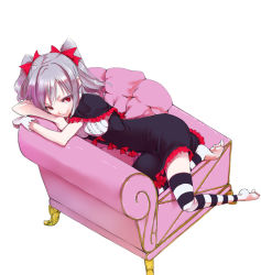 Rule 34 | 10s, 1girl, bad id, bad pixiv id, bow, couch, dress, grey hair, hair bow, idolmaster, idolmaster cinderella girls, kanzaki ranko, kurokuro, red eyes, short hair, sitting, smile, solo, striped clothes, striped thighhighs, thighhighs, twintails