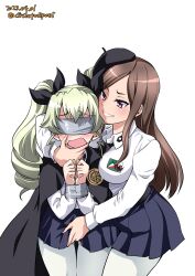 Rule 34 | 2girls, absurdres, alternate costume, anchovy (girls und panzer), anzio (emblem), anzio school uniform, arm around neck, beret, black cape, black hat, black necktie, blindfold, blue skirt, blush, bound, bound wrists, brown hair, cape, commentary, cosplay, crossover, dated, dorothy (princess principal), dress shirt, drill hair, duct tape, emblem, flying sweatdrops, frown, girls und panzer, green hair, grin, hair ribbon, hand on another&#039;s crotch, hand on another&#039;s face, hat, highres, inoue yoshihisa, leaning forward, long hair, long sleeves, looking at another, miniskirt, multiple girls, necktie, open mouth, pantyhose, pepperoni (girls und panzer), pepperoni (girls und panzer) (cosplay), pleated skirt, princess principal, purple eyes, ribbon, school uniform, shirt, skirt, smile, standing, swept bangs, taichi you, textless version, twin drills, twintails, twitter username, voice actor connection, white background, white pantyhose, white shirt, wing collar