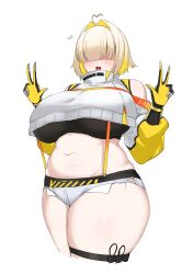 Rule 34 | 1girl, absurdres, ahoge, blonde hair, blunt bangs, blush, breasts, commentary request, cropped legs, double v, elegg (nikke), exposed pocket, fang, gloves, goddess of victory: nikke, grey shorts, hair intakes, hair over eyes, highres, large breasts, long bangs, long sleeves, looking at viewer, multicolored hair, navel, noe (ppppriver), open mouth, short shorts, shorts, simple background, skin fang, solo, suspender shorts, suspenders, thick thighs, thigh strap, thighs, two-tone hair, v, white background