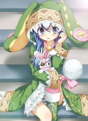 Rule 34 | 10s, animal ears, blue eyes, blue hair, boots, bow, rabbit ears, buttons, date a live, dress, eyepatch, hood, hoodie, long sleeves, oversized clothes, pink bow, pocket, puppet, stairs, tail, yoshino (date a live), yoshinon