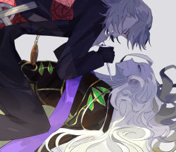 Rule 34 | 2boys, absurdres, all fours, antonio salieri (fate), antonio salieri (second ascension) (fate), bags under eyes, black gloves, blonde hair, cross, curly hair, evil smile, fate/grand order, fate (series), fingernails, from side, gloves, grey hair, hand on another&#039;s chin, highres, holding, holding knife, kittchi (kmmr 004), knife, long hair, long sleeves, looking at another, lying, male focus, multiple boys, on back, open mouth, pendant watch, pointing weapon, purple eyes, red eyes, sharp fingernails, short hair, simple background, smile, very long hair, weapon, white background, wide-eyed, wolfgang amadeus mozart, yaoi