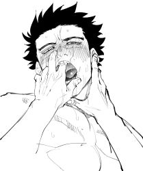 Rule 34 | 2boys, bad id, bad pixiv id, black hair, blush, close-up, facial scar, finger in another&#039;s mouth, golden kamuy, greyscale, looking at viewer, male focus, monochrome, multiple boys, pectorals, pov, saliva, saliva trail, scar, scar on cheek, scar on face, scar on mouth, scar on nose, short hair, simple background, solo focus, spiked hair, sugimoto saichi, tongue, translation request, umedairuka, yaoi