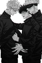 Rule 34 | 3boys, ass, blindfold, blush, carrying, commentary request, dual persona, fushiguro megumi, fushirun rung, gojou satoru, high collar, highres, imminent penetration, jacket, jujutsu kaisen, lifting person, long sleeves, looking at another, male focus, monochrome, multiple boys, open mouth, pants, school uniform, short hair, spiked hair, standing, sunglasses, sweatdrop, yaoi
