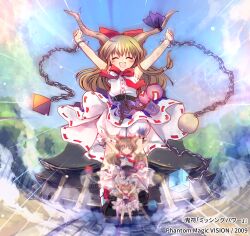 1girl 2009 ^_^ armpits arms_up bare_arms belt black_footwear bloomers blue_sky blush bow bowtie brown_horns closed_eyes commentary_request cube cuffs frilled_cuffs full_body giant giantess gourd hakurei_shrine highres horn_bow horn_ornament horns ibuki_suika long_hair motion_blur motion_lines open_mouth outdoors purple_bow red_bow red_bowtie ribbon-trimmed_skirt ribbon_trim shackles shirt shoes sky sleeveless sleeveless_shirt smile socks solo torii_sumi torn_clothes torn_sleeves touhou tree underwear white_bloomers white_shirt white_socks wrist_cuffs